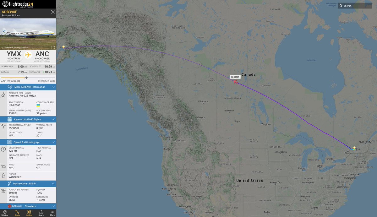 After overnight engine repairs in Montreal, the AN225 is en route to Tianjin via Anchorage.  It was the 4 engine (far right) that was repaired